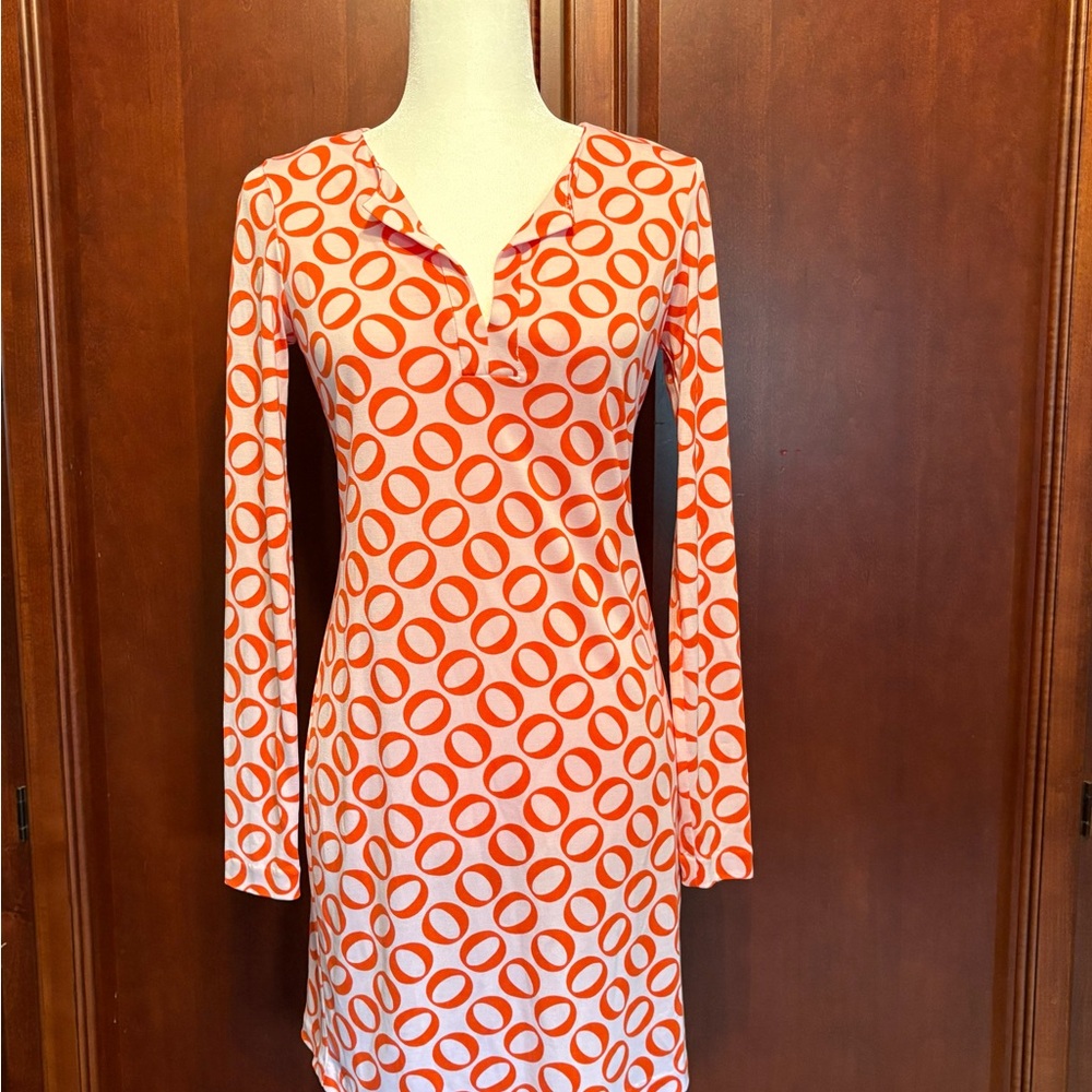 Diane von Furstenberg Reina Silk Orange Patterned Shift V-Neck Dress
